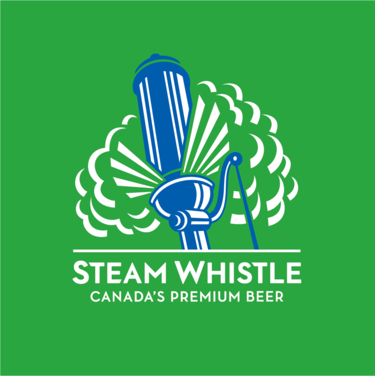 Brighgt green square tile logo with a blue steam whistle and white text Steam Whistle Brewing Canada