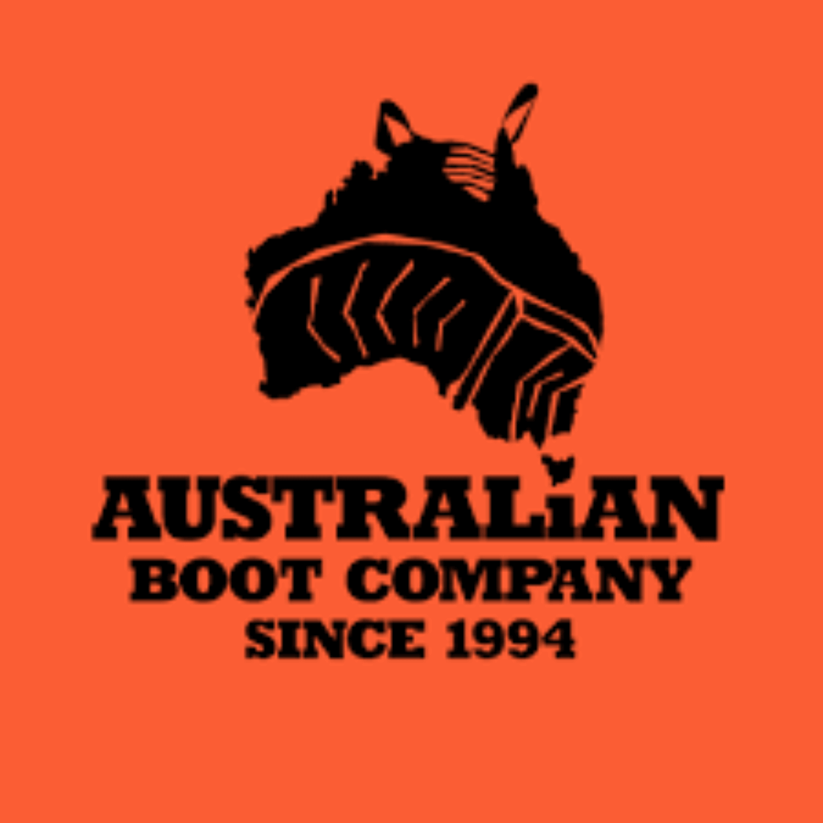 Orange square tile logo for Australian Boot Co with black text and an outline of a map of Australia