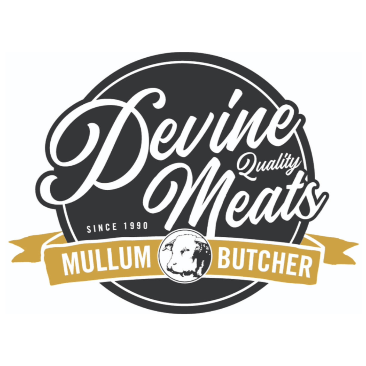 Our Friends Devine Quality Meats Mullumbimby black circular logo with white text and a gold banner 'Mullum butcher'