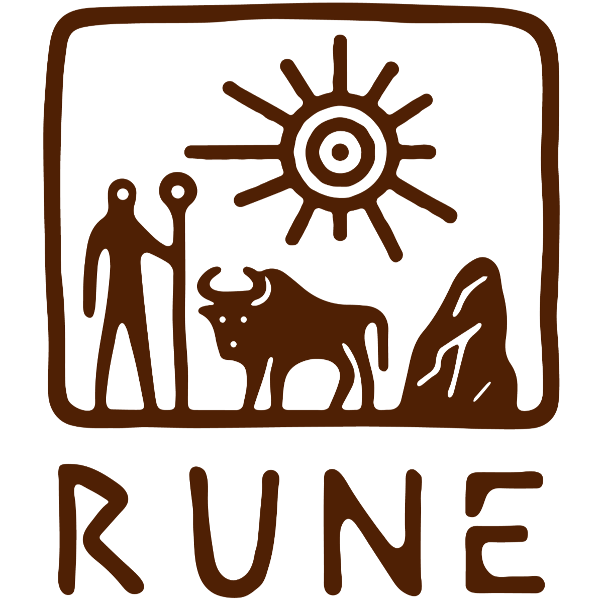 Rune Provisions logo with brown text and drawings of a person with a stick, the sun, a bovine and a rock