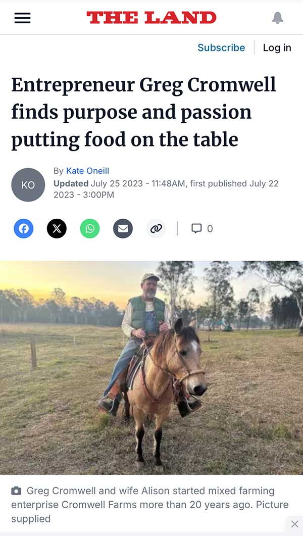 Screenshot of an online news article with a photo of a man riding a horse on a farm with a heading and byline 