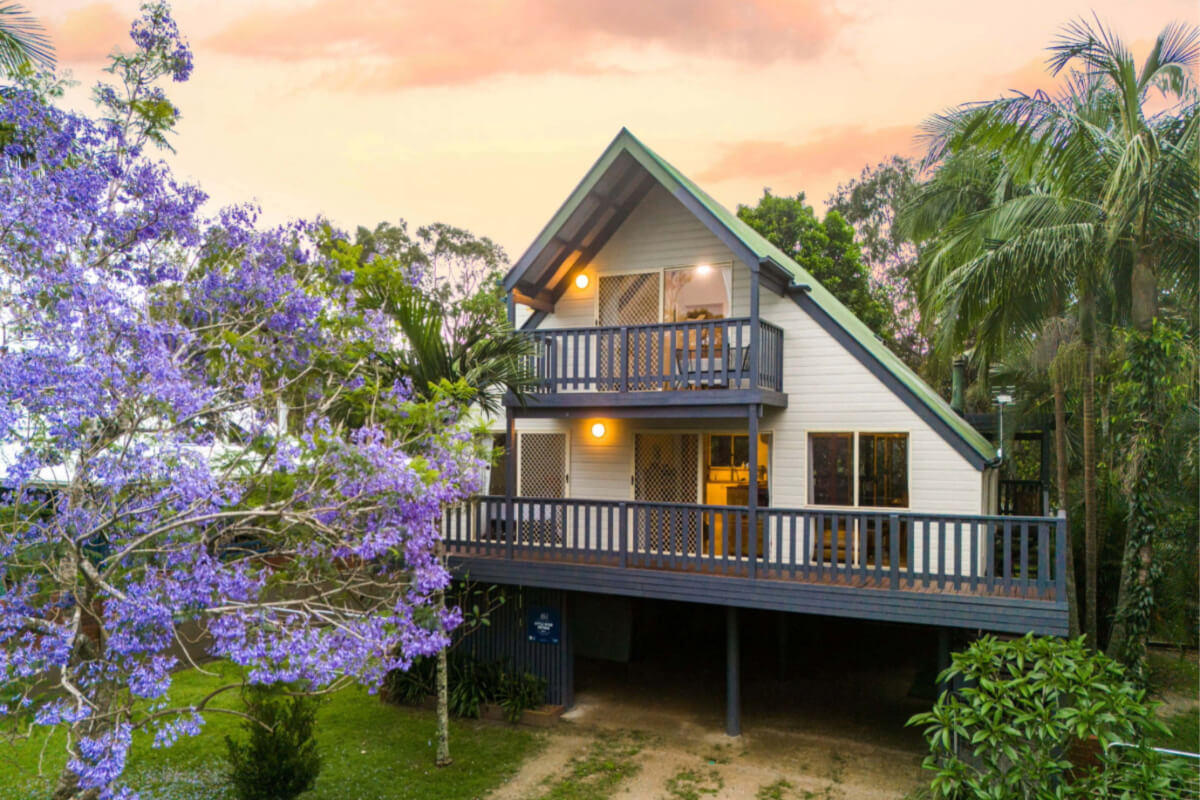 An A-Frame cottage with a green roof and dark blue railings and palm trees and a jacaranda tree in the foreground at Little River Cottage in Wooli