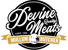 Devine Quality Meats 'Mullum Butcher' logo in black and gold