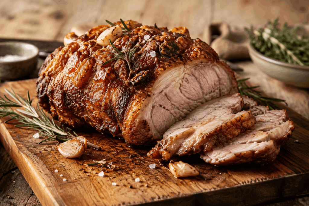 Roasted pork collar butt with rosemary and garlic on a wooden serving board.