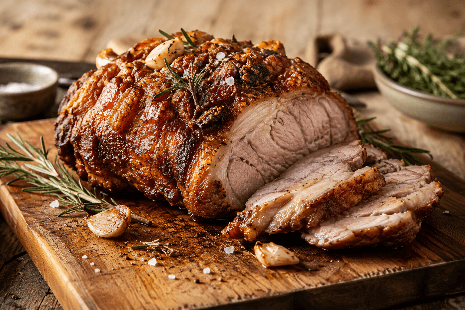 Roasted pork collar butt with rosemary and garlic on a wooden serving board.